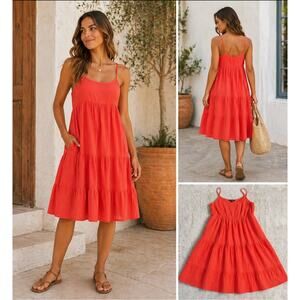 Sundress Orange Cotton Gauze Midi Dress L Tiered Boho Pocketed Summer Vacation